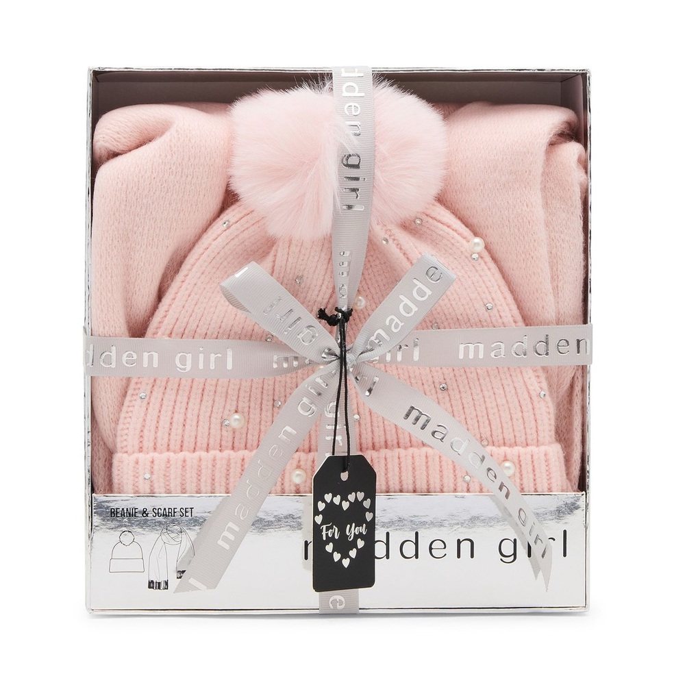 Madden Girl Pink Pearl Beanie and Scarf Set, New In Box!